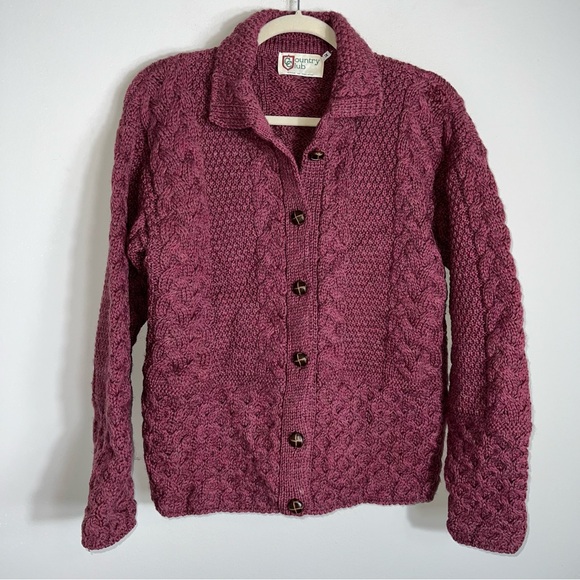 Country Club Vintage Pure New Wool Cardigan Sweater-Made in Ireland-Burgundy-Med - Picture 2 of 9